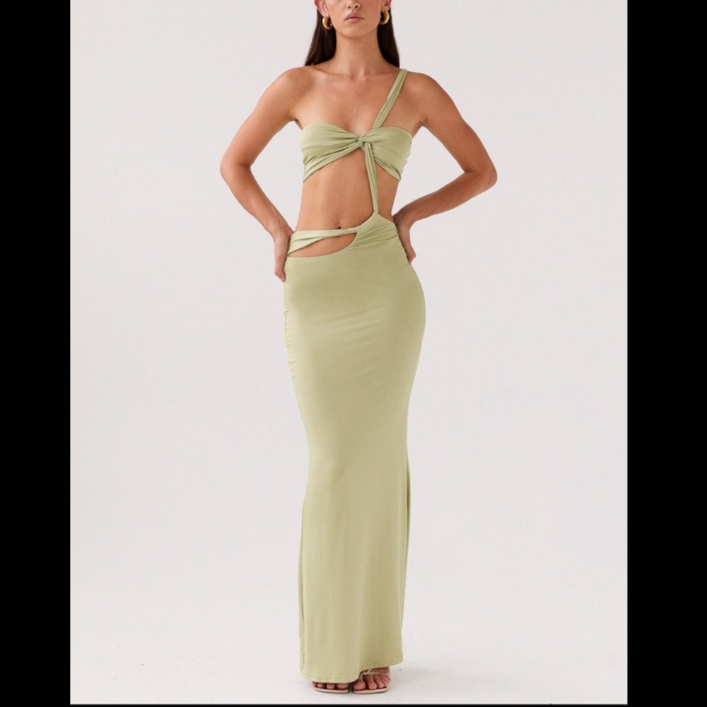 Peppermayo One-Shoulder Cutout Maxi Dress in Sage Green